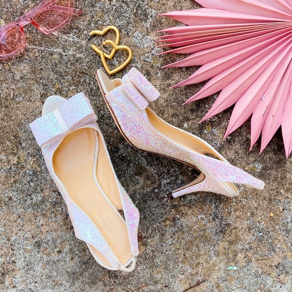 kate spade Shoes - Kate Spade White Glitter Bow Peep Toe Heels